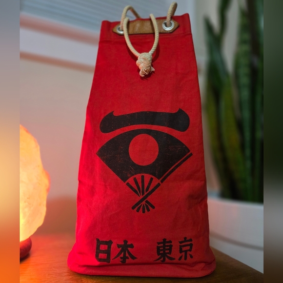 Vintage Japanese Red Canvas Drawstring Tote Bag - Picture 4 of 12